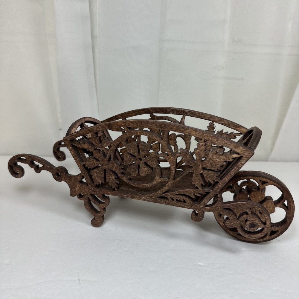 Hand Made Scrollwork Wooden Wheelbarrow Figurine 11" Dark Brown‎